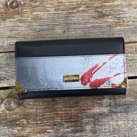 SATYA PAUL Snap Wallet Black Colorful Abstract Rectangular Gold Details - Picture 1 of 7